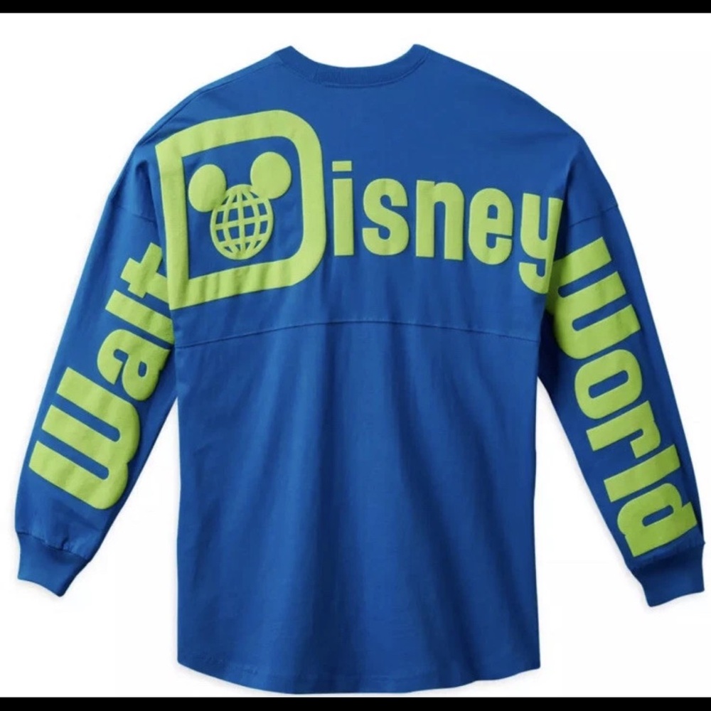 Walt Disney World Spirit Jersey Blue Neon Green Parks Mickey Globe